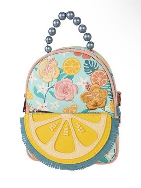 Loungefly Aqua Floral Lemon Slice Mini Backpack with Pearl Handle